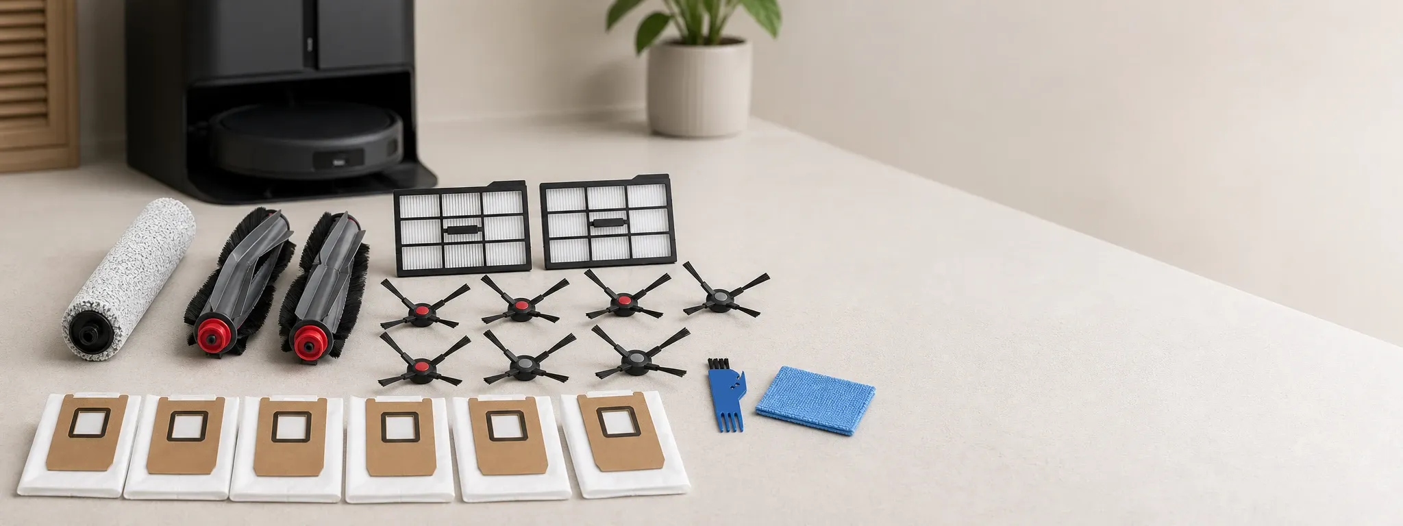 All-in-one robot vacuum accessory kit laid out on a light surface, including roller brush, side brushes, filter screens, mop pads, and dust bags, shown with a robot vacuum in the background.